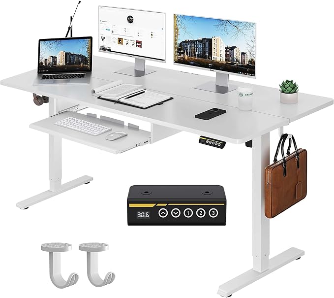 Electric Standing Desk with Keyboard Tray,48x24 inches Adjustable Height Stand Up Desk,3 Preset Heights,Equipped with Hooks,Raising Desks for Home Office and Computer Workstation,Black