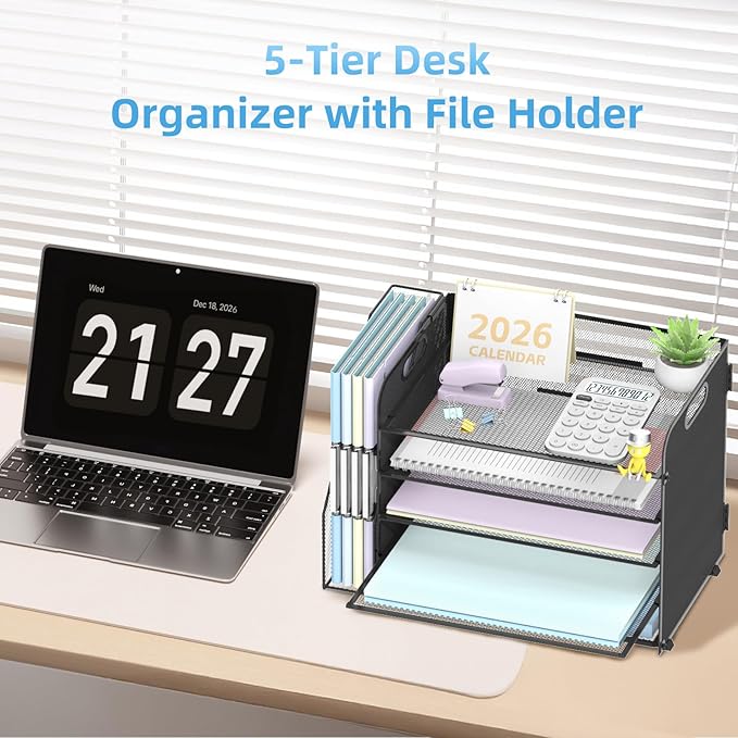 SUPEASY 5-Tier Desk Organizer with File Holder, Desk Organizers and Accessories, Paper Organizer for Desk, Mesh Desktop File Organizer, Workspace Organizers for Office Home School Classroom, Black