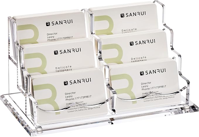 SANRUI Acrylic Business Card Holder for Desk, Clear Display Stand with 6 Slots, 3-Tier Horizontal Name Card Stands, Office Desk Organizer for Women & Men , Holds 50 Cards Each Pocket