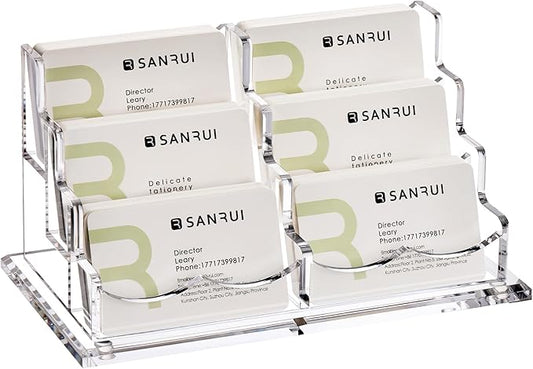 SANRUI Acrylic Business Card Holder for Desk, Clear Display Stand with 6 Slots, 3-Tier Horizontal Name Card Stands, Office Desk Organizer for Women & Men , Holds 50 Cards Each Pocket