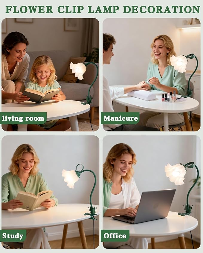 WERFOP Green Clip on Light, 3 Color Modes Eye-Caring Flower Desk Lamp with Clamp, Dorm Room Essentials, Flexible Neck Reading Clamp Lamps for College Bedside Bookshelf Studying Room (Dark Green)