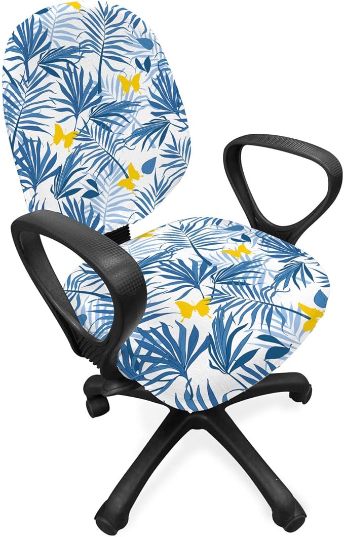 Ambesonne Tropical Office Chair Slipcover, Exotic Palm Leaves and Butterflies, Protective Stretch Decorative Fabric Cover, Standard Size, Blue Azure