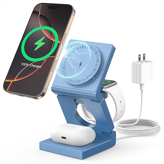 3 in 1 Wireless Charging Station for Apple Multple Devices - Foldable Magnetic Wireless Charger Dock -Travel 18W Charging Pad for iPhone 16 15 14 13 12 Pro/Pro Max/Plus/Watch & Airpods All Series Blue
