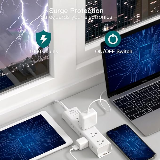 Addtam White Braided Power Strip Surge Protector with 12 Outlets, Flat Plug 10FT Extension Cord, 3-Side Wide Spaced Outlet Extender, Wall Mount Desk Charging Station for Home Office Garage