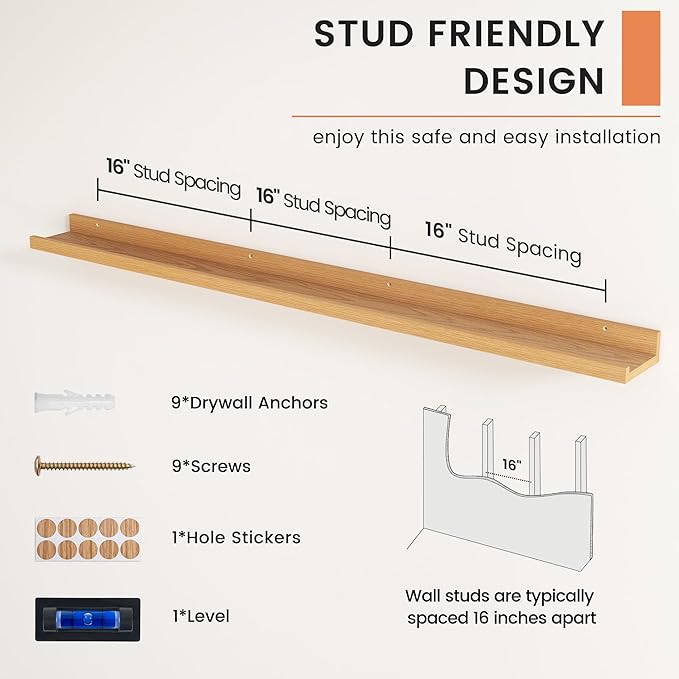 FLYJOE Picture Ledge Shelf, Floating Shelves Set of 2, 52 Inches Nursery Book Shelves for Toys Storage, Kids Bookshelf Wall Mounted for Living Room Bedroom Decor Books Photo Frames, Natural Oak