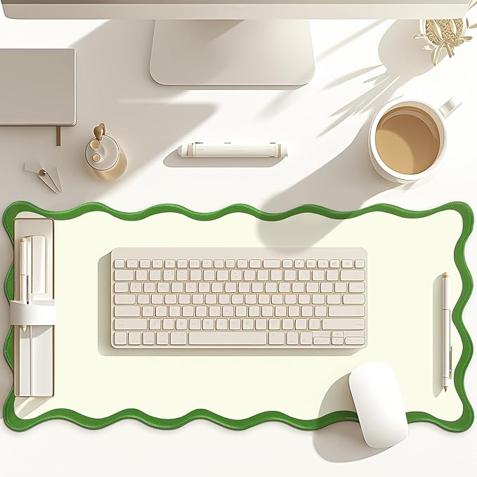 Hahafelt Scalloped Desk Mat Large Scalloped Piping Cute Desk Mat Aesthetic Preppy Table Pad Large Nonslip Pad with Edge Stitching Waterproof Gaming(Green,31.5 x 15.8 Inches)