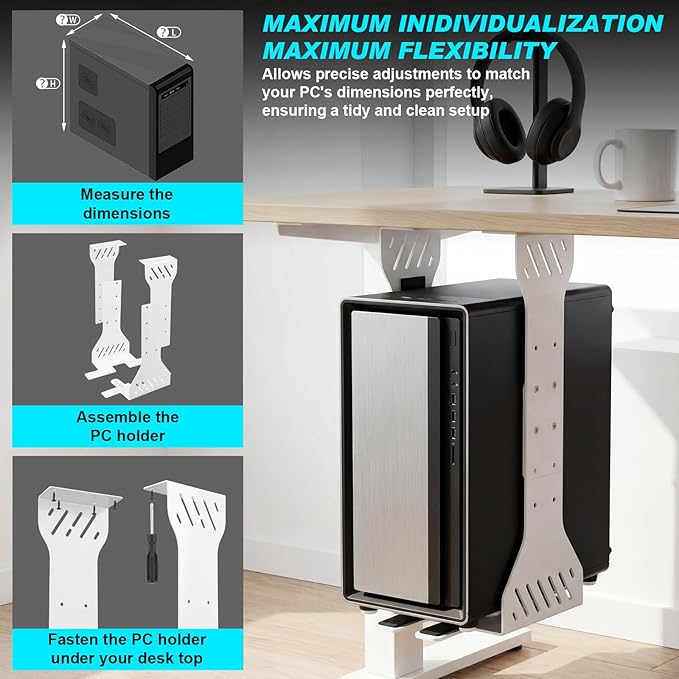 Heavy Duty Adjustable Under Desk PC Holder 7.5 to 12 Inch Wide, Supports up to 80 Lbs Load Capacity, Under Desk PC Mount, Wall Mount Space Saving Computer Case Tower Holder-White