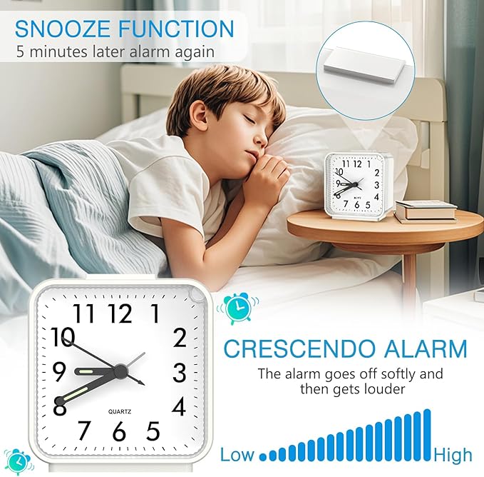 AMIR Analog Silent Non Ticking Small Clock, Travel with Snooze & Light, Ascending Beep Sounds, Battery Operated Loud Alarm Clock for Bedroom (White)