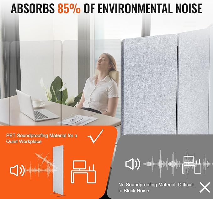VEVOR 2FT Room Divider, 3 Panel PET Polyester Soundproof Room Screen, Folding Privacy Divider Portable Partition Divider for Room Separation, Freestanding Room Partitions for Office Study, Grey