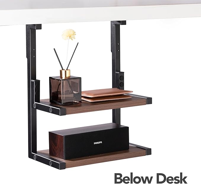 Clamp on Desk Shelf 2-Tier Shelving Unit Table Organizer Above or Under Desk, Storage Tray Desk Workspace Organizers Desktop Storage Table Extender for Office Home (12.6 * 7)