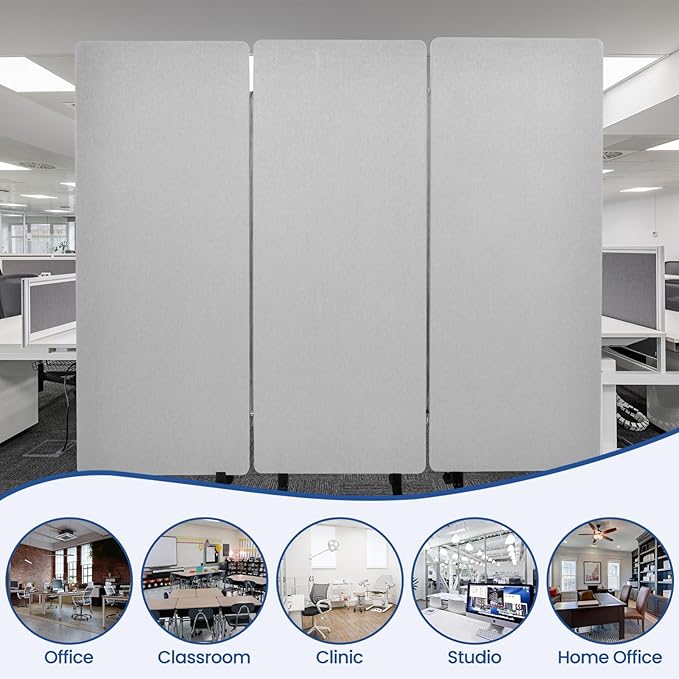 72in 3-Panel Soundproof Room Divider with Wheels, Heavy-Duty Acoustic Partition Temporary Wall for Noise Reduction, Portable Divider for Home Hospital Library Classroom - Light Grey