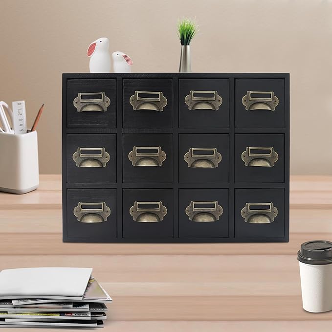 12 Drawer Drawers Storage Cabinet, Wooden Medicine Cabinet Desktop Drawer Organizer Herb Storage Box with Solid Wood Build & No Assembly for organize spices medicines jewelry cosmetics(Black)