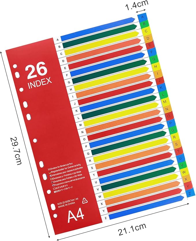 A-Z Tab Dividers, Alphabet Dividers for 2/3/4 Ring Binder, Customizable Table of Contents, Plastic Binder Dividers with Multicolor A-Z Tabs, 5 Sets
