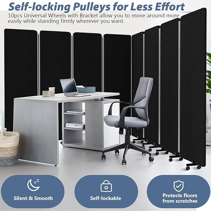 Room Divider Soundproof Privacy Panel with Wheels, 4 Panel Wall Divider (Aluminum Frame) for Room Partition, Folding Room Dividers Space Separation Office Cubicle Wall Divider Sound Proof Separator