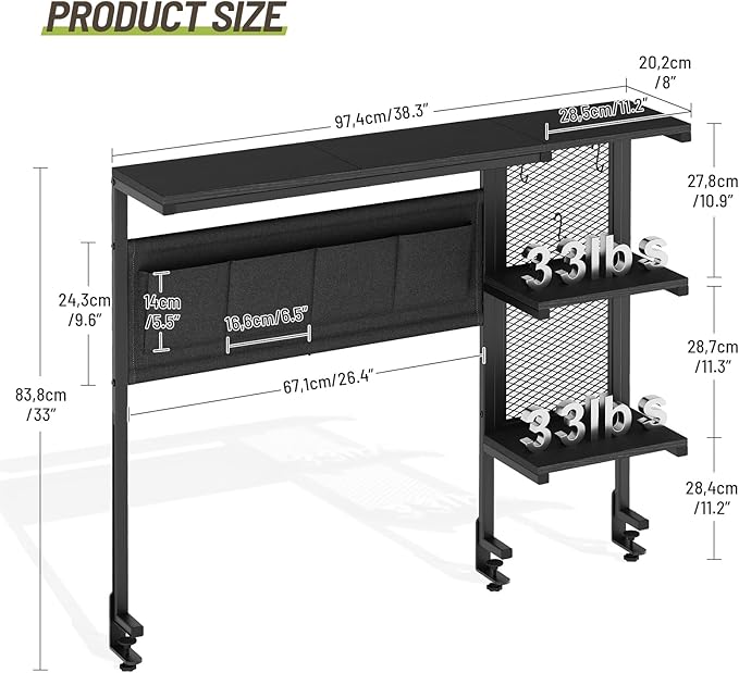 Clamp on Desk Shelf with Pegboard, Above Desk 3-Tier Extender Shelf, Desktop Bookshelf with Hooks, Desktop Organizer for Office Desk Accessories, Tabletop Storage Rack, 38.3" W x 33" H, Black