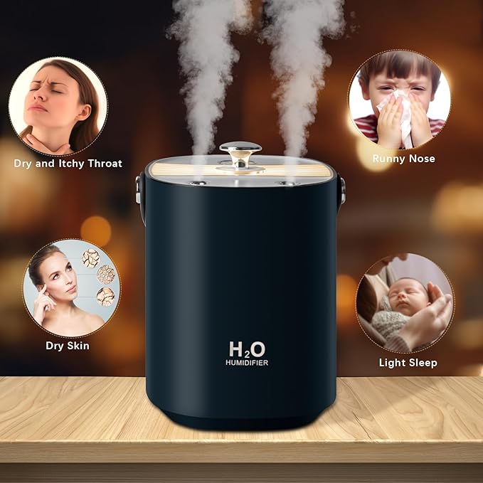 Humidifiers for bedroom,1.2L Portable Cool Mist Humidifiers Auto Shut-Off USB Desk Humidifier,with Warm Night Light and Dual Nozzle Design for Bedroom Travel Office（Blue）