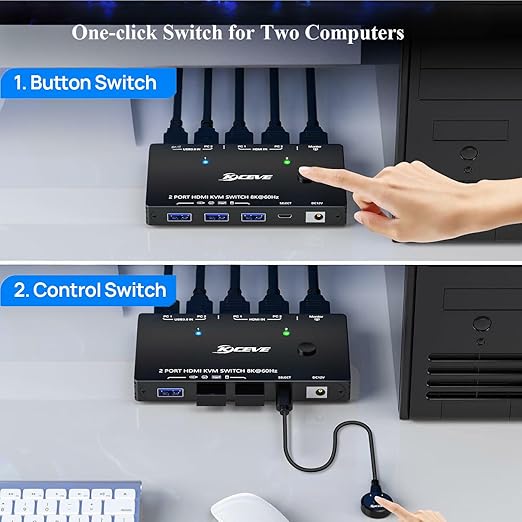 8K@60Hz HDMI KVM Switch 1 Monitors 2 Computers USB 3.0 KVM Switches HDMI Port for Two Computers Share Single Screen and 3 USB 3.0 Port, Plug and Play, Includes 2 USB Cables and Controller