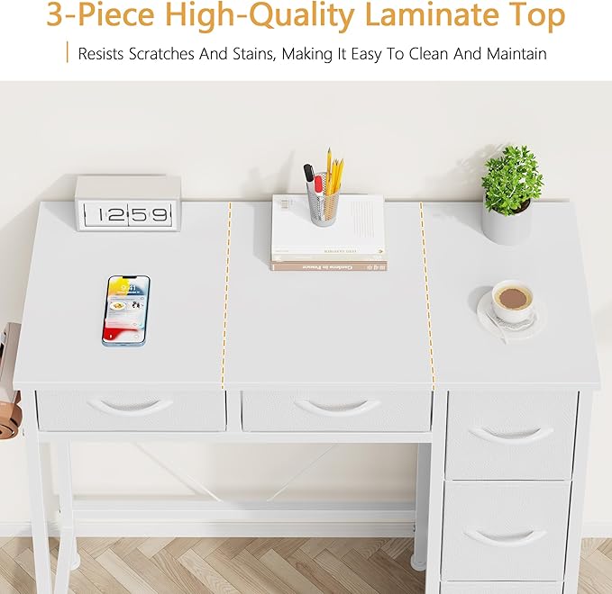 HIGDBFE Small Desk with 5 Fabric Drawers, 33 Inch Writing Desk for Home Office, Simple PC Desks for Small Place, Kids Girls Teen Study Table Vanity for Bedroom, Dorm, White, 14" D
