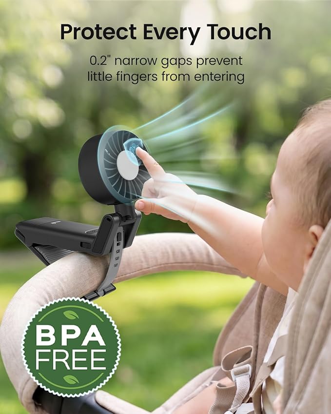 GROWNSY Portable Stroller Fan with Clip | Foldable Mini Fan for Baby Carrier | Small Handheld Fan with Soft Night Light | Rechargeable 4-Speed Baby Fan for Travel/Desk/Bed/Backpack/Car Seat (Black)