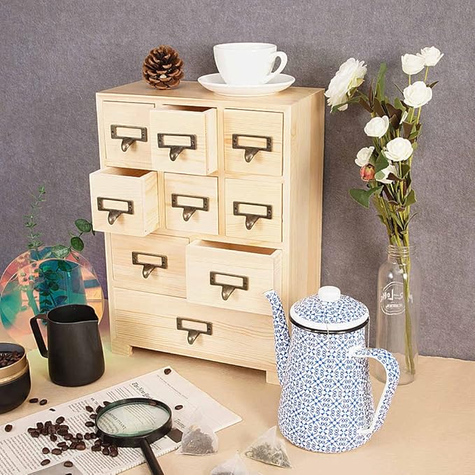 Apothecary Cabinet with 9 Drawers & Labels Rustic Library Card Catalog Cabinet Desktop Wooden Storage Box for Organize Herbal、Tea Bag、Jewelry (Wood)