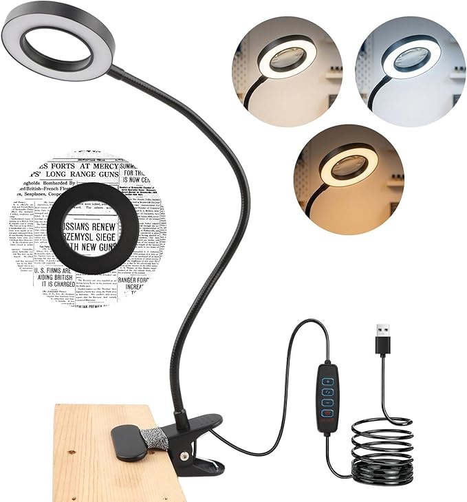 10X Magnifying Glass with Light, 2 in 1 Magnifying Desk Lamp Clip on Mganifier, 3 Color Modes & 10 Brightness Levels, USB Powered Magnifier Light for Bed Crafts DIY Repair(Size:95mm)