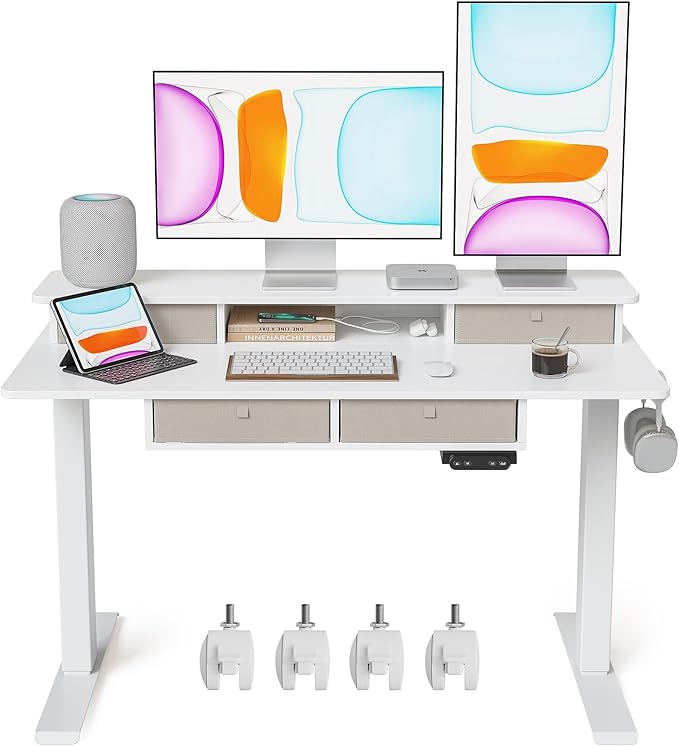 BANTI Height Adjustable Electric Standing Desk with 4 Drawers, 48 x 24 Inch Table with Storage Shelf, Sit Stand Desk, White Top