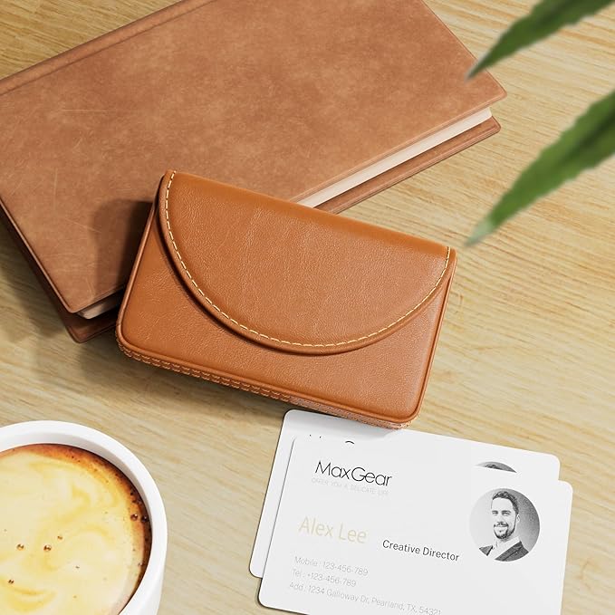 MaxGear Business Card Holder Case, PU Leather Business Card Case for Purse, Pocket Travel Name Card Holder Wallet for Men or Women Gift, Portable Magnetic Business Card Carrier, Slim, Light Coffee