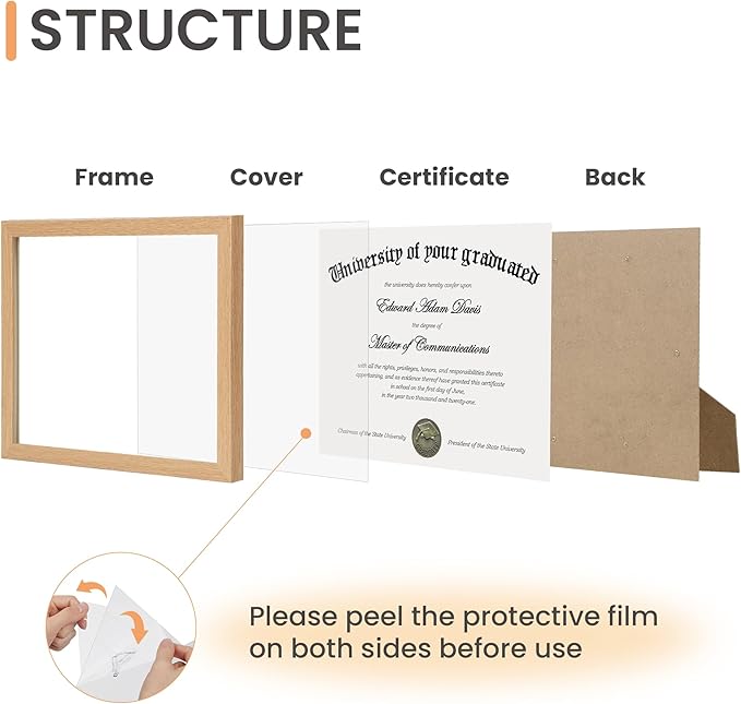 upsimples Certificate Frame with Clear Plexiglass, 8.5 by 11 Picture Diploma Document Degree Frames for Wall and Tabletop, Natural,1 Pack