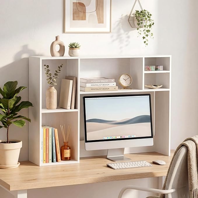 ZIFTY Desk Hutch with 6 Shelves, 37.4" Desktop Bookshelf Organizer for Monitor up to 27", Hutch Top for Computer Desk, Countertop Storage Shelf Wood Display Rack for Office Home Dorm, White
