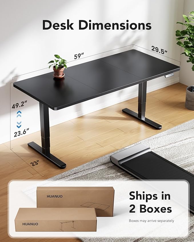 HUANUO 59x30 Inch 3-Stage Legs Electric Standing Desk, Large Height Adjustable Office Desk with Brushless Motor, Stand Up Desk with 4 Memory Presets & 2 Hooks, Computer Desk for Home Office, Black