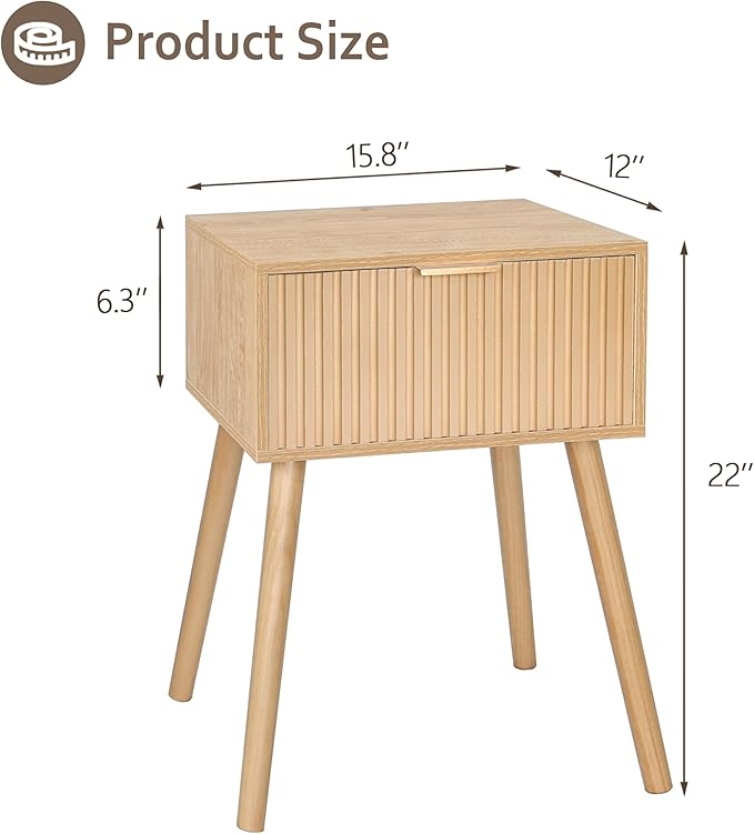 AWASEN Nightstand, Small End Tables Living Room, Accent Bedside Side Table with Fluted Drawer for Bedroom and Small Space, Rustic Walnut