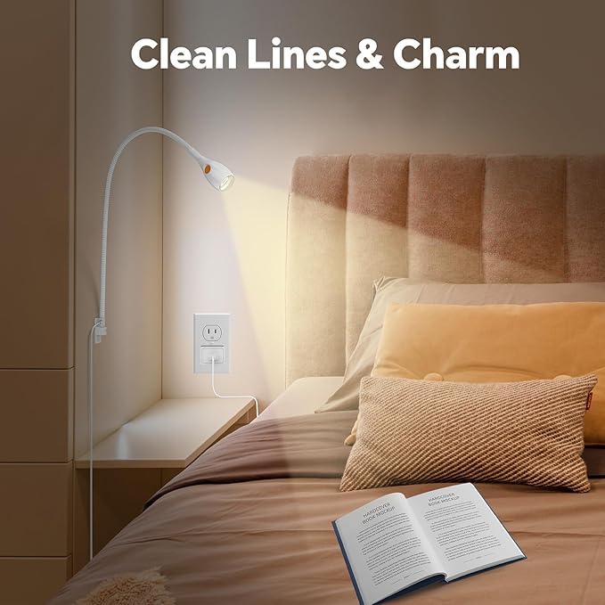 Wall Mounted Reading Light, Minimalist Headboard Mount Book Light, Dimmable LED with Lamp Head Switch Reading Lamp, USB-C Powered, CRI 95+ (4000K + Amber Nightlight) -White