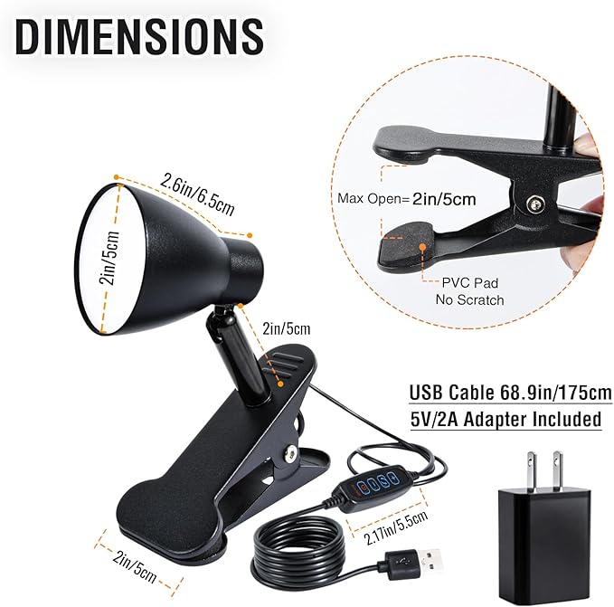 CRI 90+ Clip on Reading Lamp, Clip on Light for Bed headboard/Desk/Bunk/Table/Shelf, Bedside Reading Light with 3 Color Temperature Options, 10 Dimmable Brightness Levels (6W/2Packs)