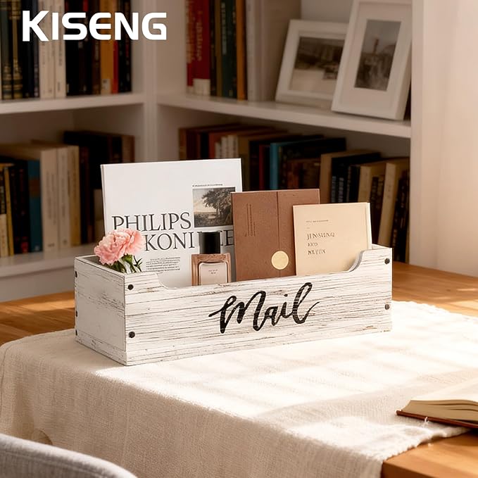 White Wooden Mail Organizer Countertop (Retro White+Black)