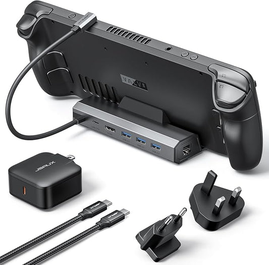 JSAUX 4K@120Hz Docking Station and 65W Charger for Steam Deck OLED/ROG Ally X/Legion Go (S), 6-in-1 Dock with HDMI 2.1, Gigabit Ethernet, 3 USB 3.0 and 100W Charge-HB0603