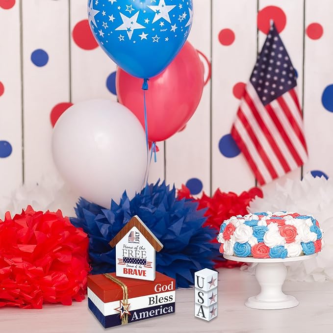 4th of July Wooden Book Stack Sign with Stars Blocks and House Shape Sign Patriotic Memorial Day Tiered Tray Decoration Tabletop Centerpiece Decor for Home Office Table Mantel Shelf