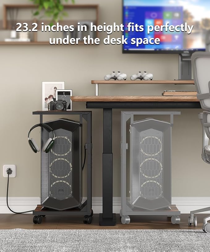 Akxomel 2 Tier Computer Tower Stand with Charging Station, 11.8" D x 16.5" W Rolling Floor PC Tower Stand Fits Under Desk, CPU Holder Cart for Carpet with Hooks, C Shaped End Table for Home Office
