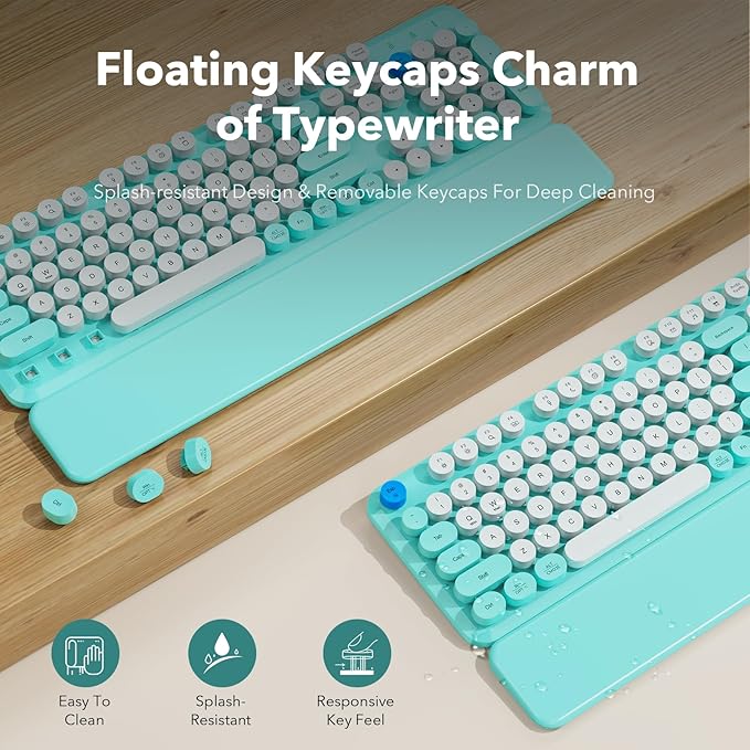 Wireless Keyboard and Mouse Combo with Detachable Magnetic Wrist Rest, Retro Typewriter-Style Keyboard, Round Keycaps, Adjustable Legs, 3-Level DPI Mouse, 2.4GHz for Windows PC/Laptop (Turquoise Blue)