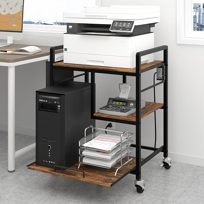 Sedegn Home Printer Stand with Charging Station, 24x18 Inches Stands for Large Printer, Printer Shredder Stand with Storage for Home Office, Table for Fax Machine/PC Tower (Rustic Brown)