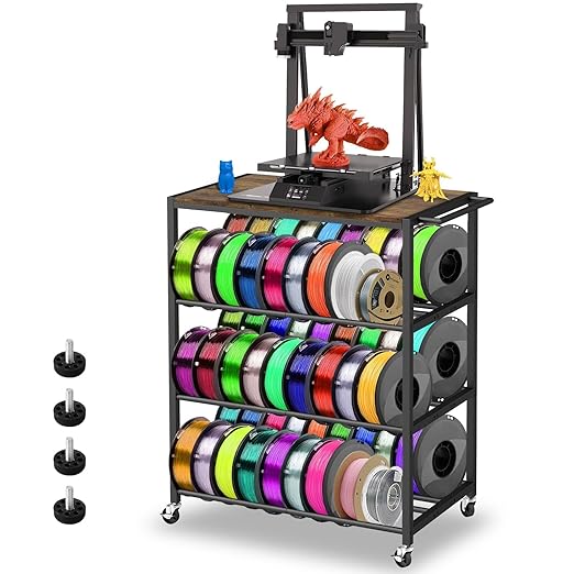 3D Printer Stand with Filament Storage Rack - 3D Printer Table Rolling Printer Cart on Wheels, Heavy Duty Metal Filament Spool Holder Organizer, 3D Printing Workstation for 48 Filament Spools Storage
