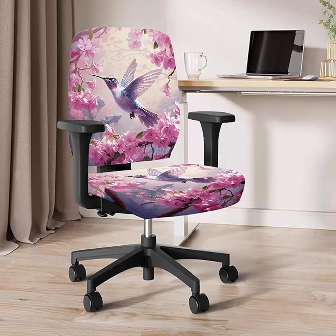Hummingbird Flower Office Chair Covers Washable Computer Chair Cover Ethnic Split Protective Stretch Desk Chair Seat Covers Dorm Computer Rotating Chair Slipcover Party Favor Pink