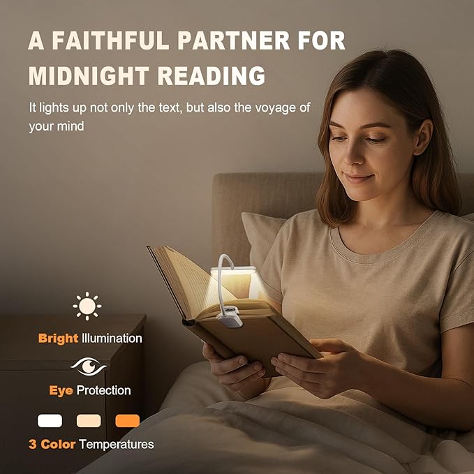 Rechargeable Book Lights for Reading at Night 25 LED - Eye Caring 15 Level Stepless Dimming, Extended 90Hrs Runtime, Lightweight Clip on Light, Gifts for Book Lovers, White
