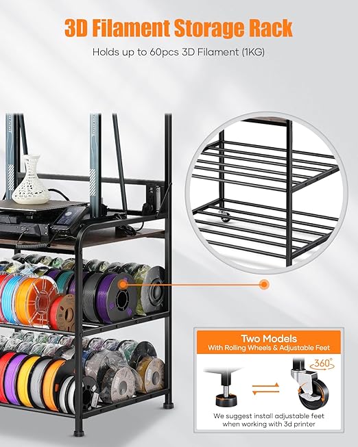 AHOWPD 3D Printer Rack Filaments Storage - Rolling 3d Printing Stand Filament Organizer, Spools Holder Racks Cart with Wheels, Heavy Duty Shelf Hold Spool PLA, ABS, PETG for Garage Office Workshop