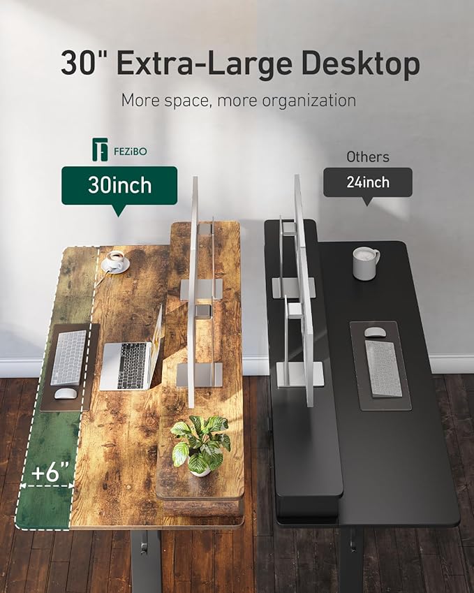 FEZIBO 60 x 30 inch Standing Desk with Drawers, Height Adjustable Electric Workstation, Computer Sit Stand Up Table with Large Storage Shelf 4 Drawers and 2 Hooks, Rustic Brown