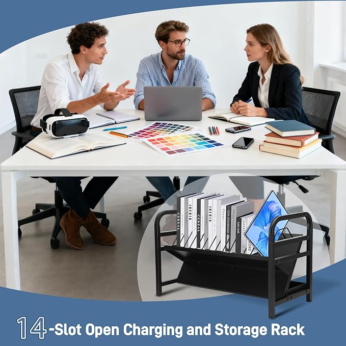 14-Slot Open Charging and Storage Rack, Chromebooks Charging Station with Leveling Feet, Effective Heat Dissipation, for iPads, Tablets and Laptop Computers, for Classroom|Office|Library