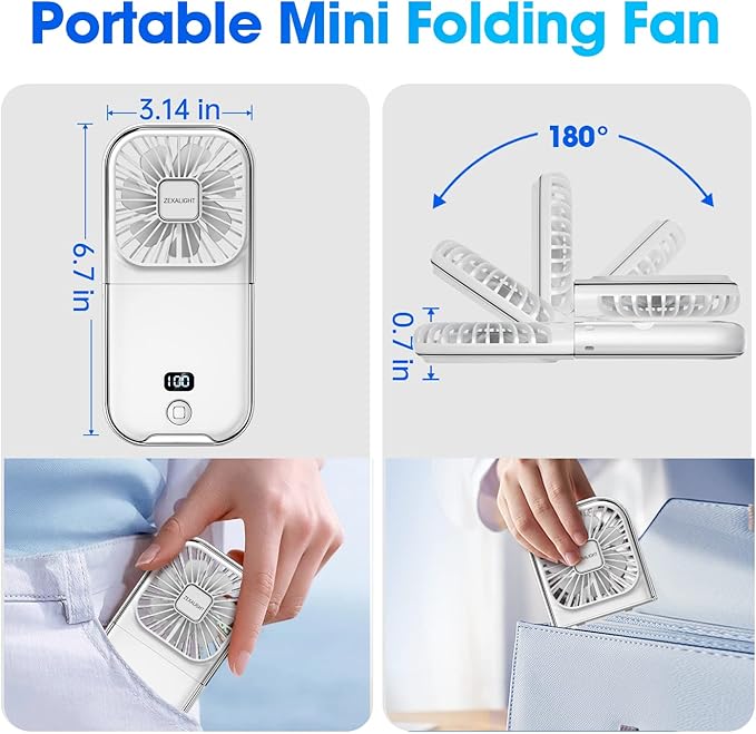 USB Rechargeable Upgraded 5-in-1 Portable Handheld Fan, Necklace Fan, Desk Fan, Foldable Phone Stand, 4 Speeds Airflow, Quiet Personal Fans with LED Digital Screen (White)