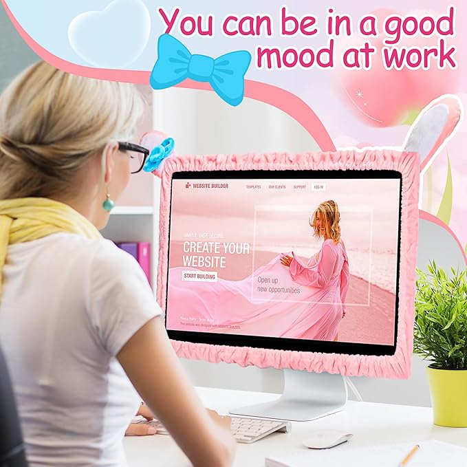 Remagr Easter 20"-29" Cute Computer Monitor Cover with Bunny Ear Pink Furry Elastic Monitor Dust Cover Protector Accessories Laptop TV Lcd Screen Kawaii Decoration for Easter Tablet