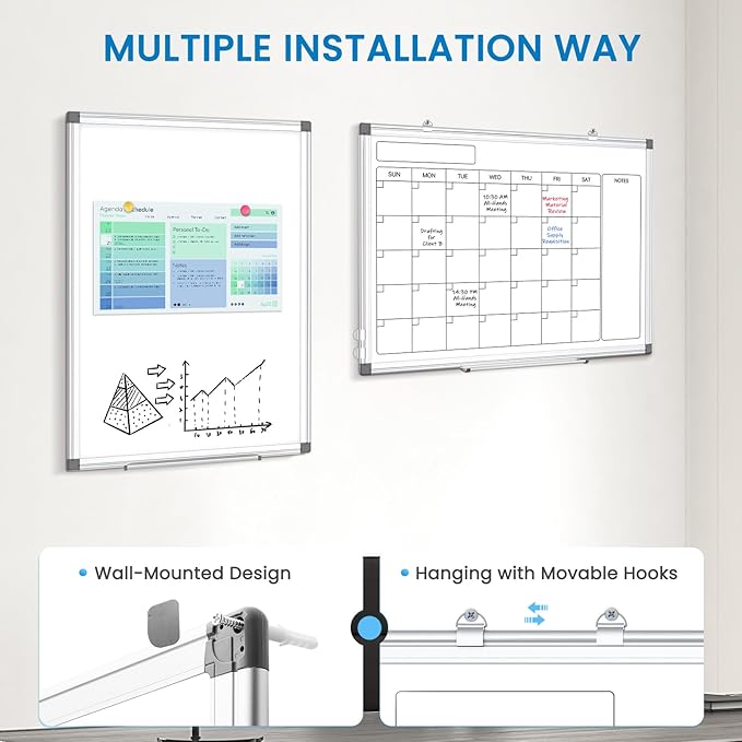 Monthly Calendar Dry Erase Whiteboard for Wall, 30" x 20" Double-Sided Large Calendar White Board, Magnetic Portable Hanging Board for Office, Home, School