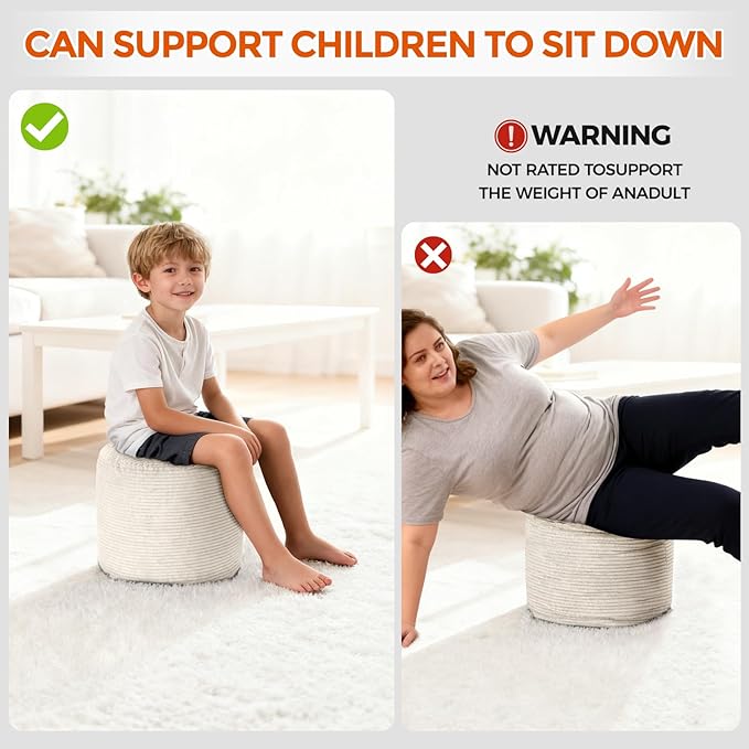 20" x 20" x 15" Pouf Ottoman Foot Rest, Pre-Stuffed Round Foot Stool with Odorless Shredded Memory Foam, Furry & Fluffy Corduroy Footrest for Living Room, Beige