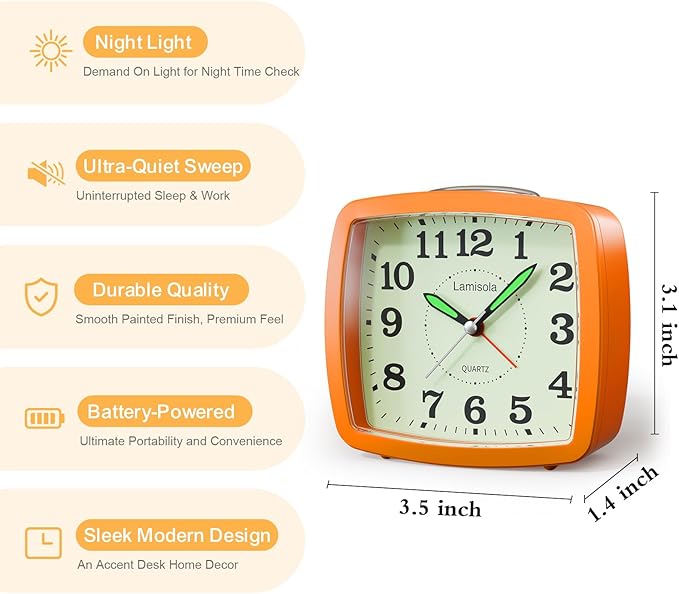 Lamisola Battery Analog Travel Alarm Clock, Small Clock for Bedroom, Desk Table Shelf Clocks for Room Office Bathroom Vanity, Aesthetic Retro Clocks for Kids Girls, Orange